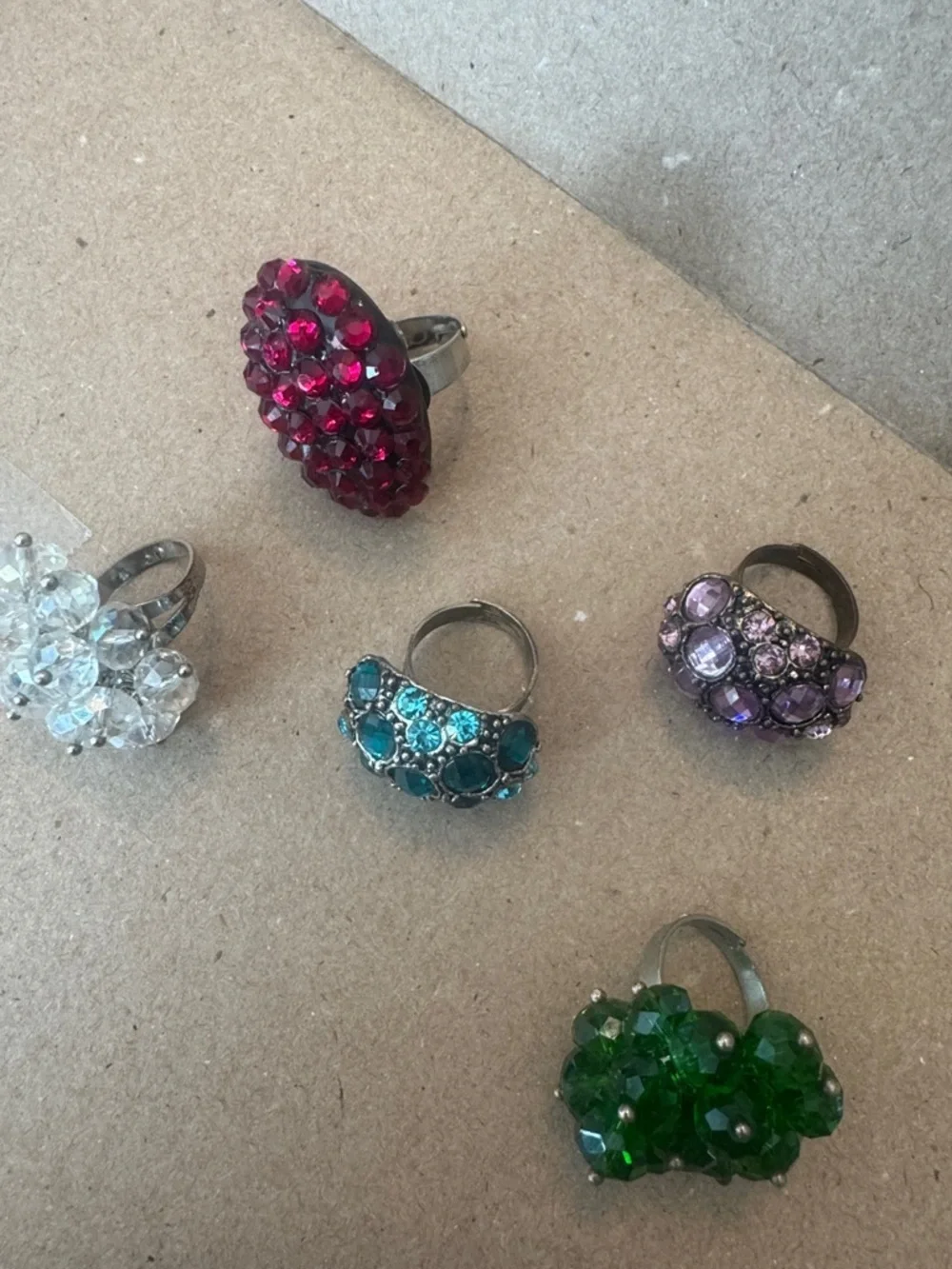 Multi-Color Cluster Crystal Rings - Red Pink Teal Green White